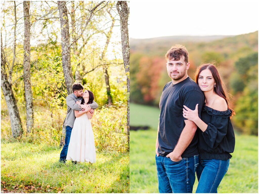 couple wearing black tops and jeans and standing on a hill in West Virginia 