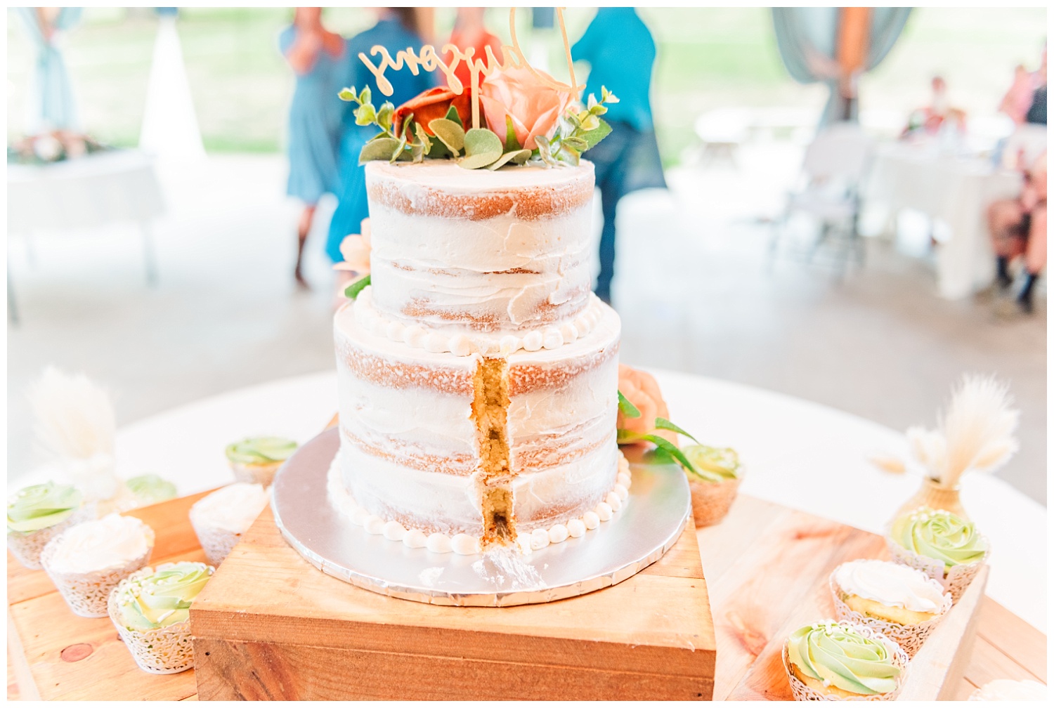 Back of a cut wedding cake