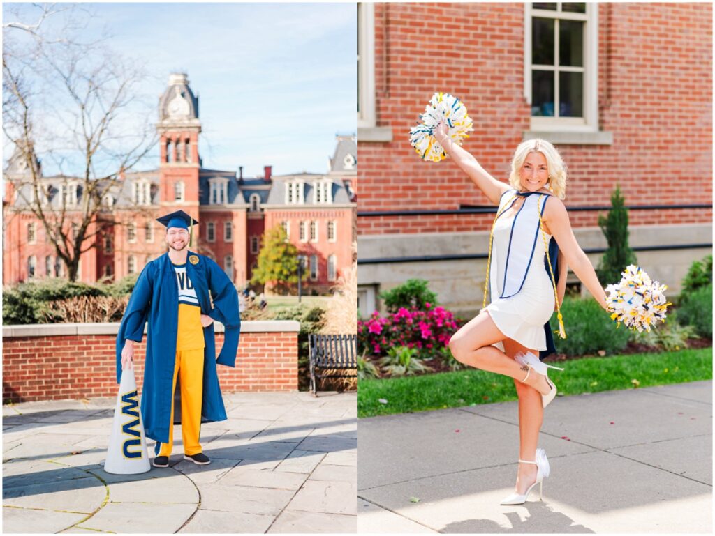 two West VA college students posing with their cheerleading props at graduation session