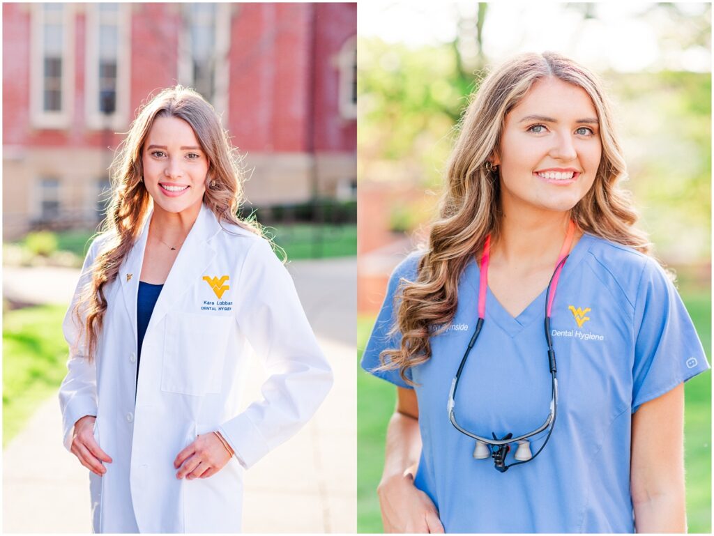 two dental students wearing a white coat, scrubs, and loops for their college graduation photoshoot