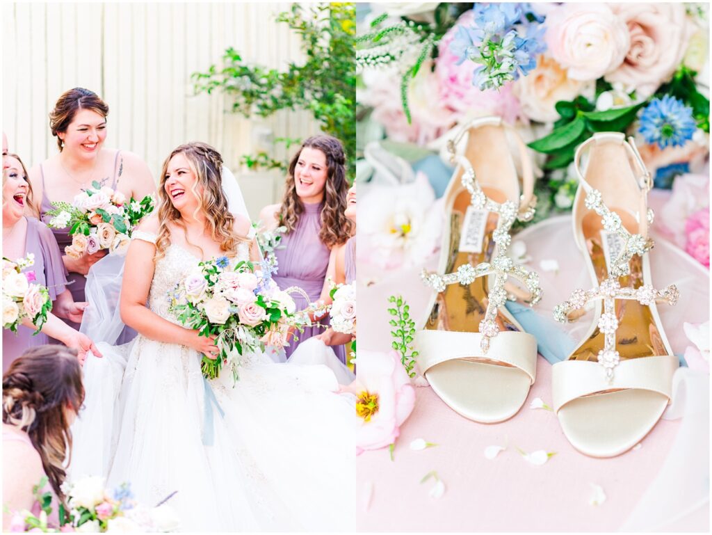 bride and bridesmaids holding fresh flower bouquet at Morgantown, WV wedding